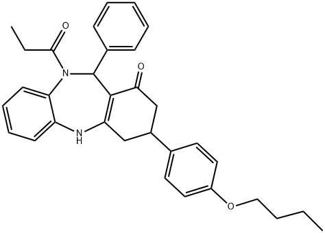 3-(4-butoxyphenyl)-11-phenyl-10-propionyl-2,3,4,5,10,11-hexahydro-1H-dibenzo[b,e][1,4]diazepin-1-one Struktur