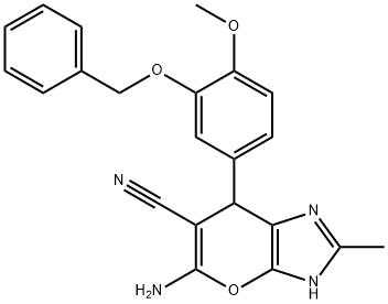 5-amino-7-[3-(benzyloxy)-4-methoxyphenyl]-2-methyl-3,7-dihydropyrano[2,3-d]imidazole-6-carbonitrile Struktur