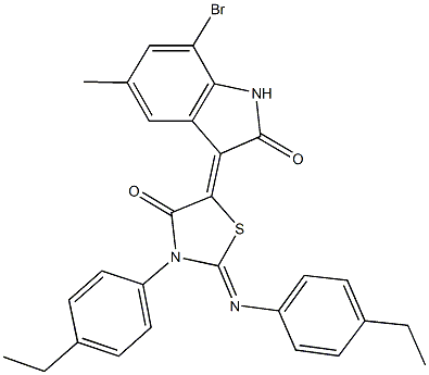 7-bromo-3-{3-(4-ethylphenyl)-2-[(4-ethylphenyl)imino]-4-oxo-1,3-thiazolidin-5-ylidene}-5-methyl-1,3-dihydro-2H-indol-2-one Struktur