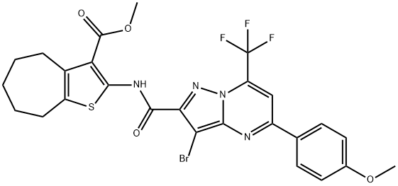 methyl 2-({[3-bromo-5-(4-methoxyphenyl)-7-(trifluoromethyl)pyrazolo[1,5-a]pyrimidin-2-yl]carbonyl}amino)-5,6,7,8-tetrahydro-4H-cyclohepta[b]thiophene-3-carboxylate Struktur