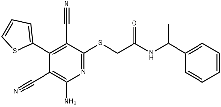 2-{[6-amino-3,5-dicyano-4-(2-thienyl)-2-pyridinyl]sulfanyl}-N-(1-phenylethyl)acetamide Struktur