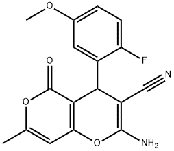 2-amino-4-(2-fluoro-5-methoxyphenyl)-7-methyl-5-oxo-4H,5H-pyrano[4,3-b]pyran-3-carbonitrile Struktur