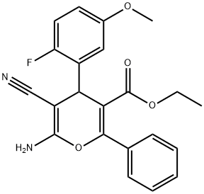 ethyl 6-amino-5-cyano-4-(2-fluoro-5-methoxyphenyl)-2-phenyl-4H-pyran-3-carboxylate Struktur