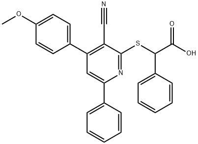 2-{[3-cyano-4-(4-methoxyphenyl)-6-phenyl-2-pyridinyl]sulfanyl}-2-phenylacetic acid Struktur