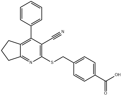 4-{[(3-cyano-4-phenyl-6,7-dihydro-5H-cyclopenta[b]pyridin-2-yl)sulfanyl]methyl}benzoic acid Struktur