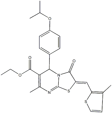 ethyl 5-(4-isopropoxyphenyl)-7-methyl-2-[(3-methyl-2-thienyl)methylene]-3-oxo-2,3-dihydro-5H-[1,3]thiazolo[3,2-a]pyrimidine-6-carboxylate Struktur