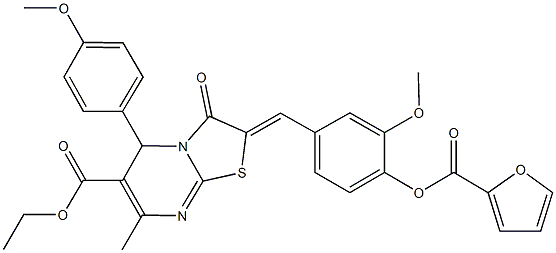 ethyl 2-[4-(2-furoyloxy)-3-methoxybenzylidene]-5-(4-methoxyphenyl)-7-methyl-3-oxo-2,3-dihydro-5H-[1,3]thiazolo[3,2-a]pyrimidine-6-carboxylate Struktur