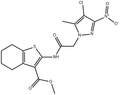 methyl 2-[({4-chloro-3-nitro-5-methyl-1H-pyrazol-1-yl}acetyl)amino]-4,5,6,7-tetrahydro-1-benzothiophene-3-carboxylate Struktur