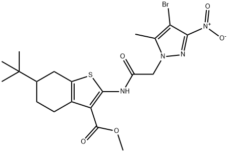 methyl 2-[({4-bromo-3-nitro-5-methyl-1H-pyrazol-1-yl}acetyl)amino]-6-tert-butyl-4,5,6,7-tetrahydro-1-benzothiophene-3-carboxylate Struktur