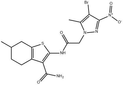 2-[({4-bromo-3-nitro-5-methyl-1H-pyrazol-1-yl}acetyl)amino]-6-methyl-4,5,6,7-tetrahydro-1-benzothiophene-3-carboxamide Struktur