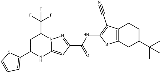 N-(6-tert-butyl-3-cyano-4,5,6,7-tetrahydro-1-benzothien-2-yl)-5-(2-thienyl)-7-(trifluoromethyl)-4,5,6,7-tetrahydropyrazolo[1,5-a]pyrimidine-2-carboxamide Struktur