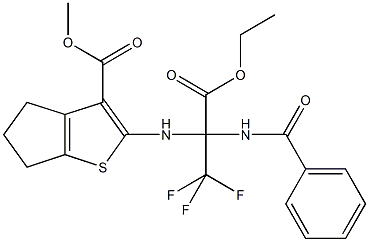 methyl 2-{[1-(benzoylamino)-1-(ethoxycarbonyl)-2,2,2-trifluoroethyl]amino}-5,6-dihydro-4H-cyclopenta[b]thiophene-3-carboxylate Struktur