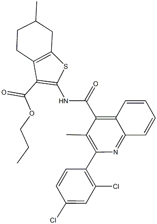 propyl 2-({[2-(2,4-dichlorophenyl)-3-methyl-4-quinolinyl]carbonyl}amino)-6-methyl-4,5,6,7-tetrahydro-1-benzothiophene-3-carboxylate Struktur