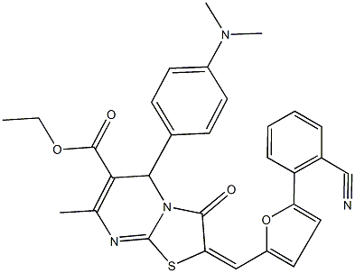 ethyl 2-{[5-(2-cyanophenyl)-2-furyl]methylene}-5-[4-(dimethylamino)phenyl]-7-methyl-3-oxo-2,3-dihydro-5H-[1,3]thiazolo[3,2-a]pyrimidine-6-carboxylate Struktur