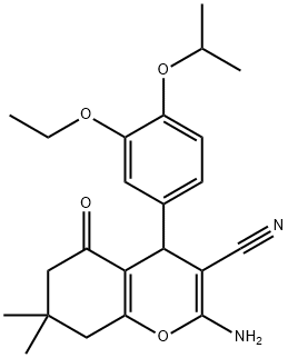 2-amino-4-{3-(ethyloxy)-4-[(1-methylethyl)oxy]phenyl}-7,7-dimethyl-5-oxo-5,6,7,8-tetrahydro-4H-chromene-3-carbonitrile Struktur