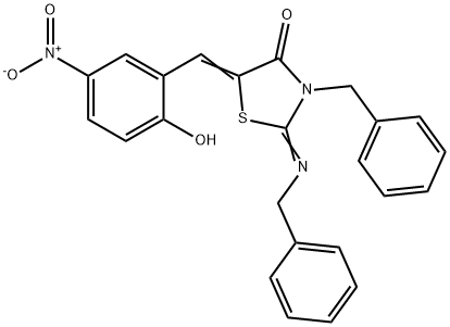 3-benzyl-2-(benzylimino)-5-{2-hydroxy-5-nitrobenzylidene}-1,3-thiazolidin-4-one Struktur