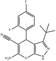 6-amino-3-tert-butyl-4-(2,4-difluorophenyl)-1,4-dihydropyrano[2,3-c]pyrazole-5-carbonitrile Struktur