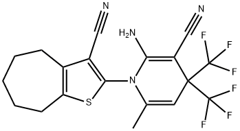 2-amino-1-(3-cyano-5,6,7,8-tetrahydro-4H-cyclohepta[b]thien-2-yl)-6-methyl-4,4-bis(trifluoromethyl)-1,4-dihydro-3-pyridinecarbonitrile Struktur