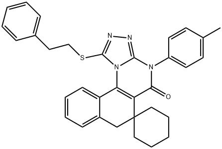 4-(4-methylphenyl)-1-[(2-phenylethyl)sulfanyl]-6,7-dihydrospiro(benzo[h][1,2,4]triazolo[4,3-a]quinazoline-6,1'-cyclohexane)-5(4H)-one Struktur