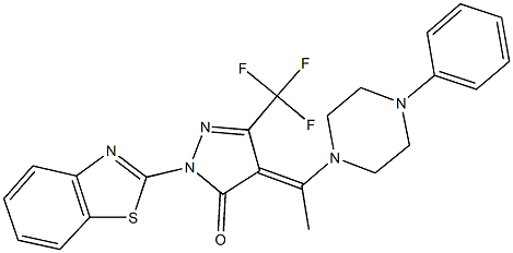 2-(1,3-benzothiazol-2-yl)-4-[1-(4-phenyl-1-piperazinyl)ethylidene]-5-(trifluoromethyl)-2,4-dihydro-3H-pyrazol-3-one Struktur