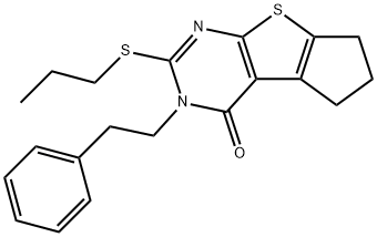 3-(2-phenylethyl)-2-(propylsulfanyl)-3,5,6,7-tetrahydro-4H-cyclopenta[4,5]thieno[2,3-d]pyrimidin-4-one Struktur