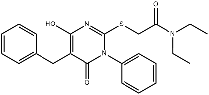 2-[(5-benzyl-4-hydroxy-6-oxo-1-phenyl-1,6-dihydro-2-pyrimidinyl)sulfanyl]-N,N-diethylacetamide Struktur