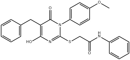 2-{[5-benzyl-4-hydroxy-1-(4-methoxyphenyl)-6-oxo-1,6-dihydro-2-pyrimidinyl]sulfanyl}-N-phenylacetamide Struktur