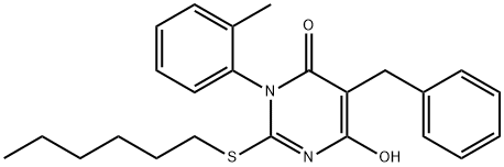 5-benzyl-2-(hexylsulfanyl)-6-hydroxy-3-(2-methylphenyl)-4(3H)-pyrimidinone Struktur