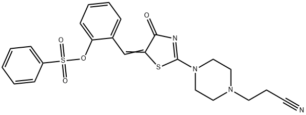 2-[(2-[4-(2-cyanoethyl)-1-piperazinyl]-4-oxo-1,3-thiazol-5(4H)-ylidene)methyl]phenyl benzenesulfonate Struktur