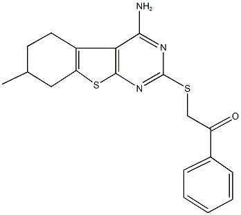 2-[(4-amino-7-methyl-5,6,7,8-tetrahydro[1]benzothieno[2,3-d]pyrimidin-2-yl)sulfanyl]-1-phenylethanone Struktur