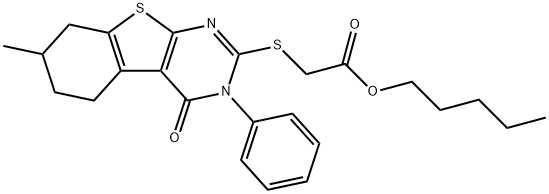 pentyl [(7-methyl-4-oxo-3-phenyl-3,4,5,6,7,8-hexahydro[1]benzothieno[2,3-d]pyrimidin-2-yl)sulfanyl]acetate Struktur