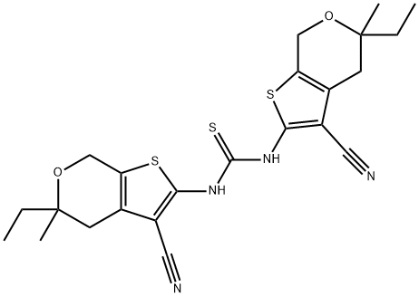 N,N'-bis(3-cyano-5-ethyl-5-methyl-4,7-dihydro-5H-thieno[2,3-c]pyran-2-yl)thiourea Struktur