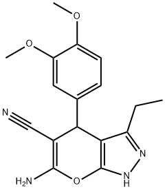 6-amino-4-[3,4-bis(methyloxy)phenyl]-3-ethyl-2,4-dihydropyrano[2,3-c]pyrazole-5-carbonitrile Struktur