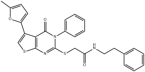 2-{[5-(5-methyl-2-furyl)-4-oxo-3-phenyl-3,4-dihydrothieno[2,3-d]pyrimidin-2-yl]sulfanyl}-N-(2-phenylethyl)acetamide Struktur