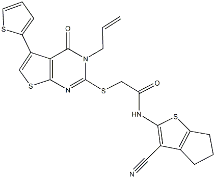 2-{[3-allyl-4-oxo-5-(2-thienyl)-3,4-dihydrothieno[2,3-d]pyrimidin-2-yl]sulfanyl}-N-(3-cyano-5,6-dihydro-4H-cyclopenta[b]thien-2-yl)acetamide Struktur