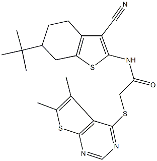 N-(6-tert-butyl-3-cyano-4,5,6,7-tetrahydro-1-benzothien-2-yl)-2-[(5,6-dimethylthieno[2,3-d]pyrimidin-4-yl)sulfanyl]acetamide Struktur