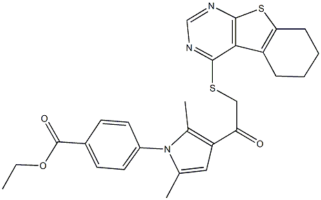 ethyl 4-{2,5-dimethyl-3-[(5,6,7,8-tetrahydro[1]benzothieno[2,3-d]pyrimidin-4-ylsulfanyl)acetyl]-1H-pyrrol-1-yl}benzoate Struktur