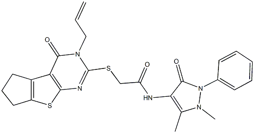 N-(1,5-dimethyl-3-oxo-2-phenyl-2,3-dihydro-1H-pyrazol-4-yl)-2-[(4-oxo-3-prop-2-enyl-3,5,6,7-tetrahydro-4H-cyclopenta[4,5]thieno[2,3-d]pyrimidin-2-yl)sulfanyl]acetamide Struktur