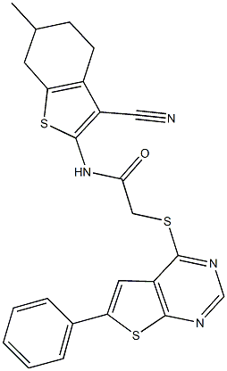 N-(3-cyano-6-methyl-4,5,6,7-tetrahydro-1-benzothien-2-yl)-2-[(6-phenylthieno[2,3-d]pyrimidin-4-yl)sulfanyl]acetamide Struktur