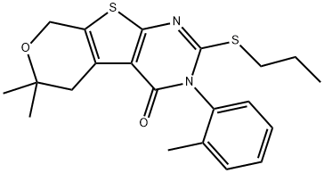 6,6-dimethyl-3-(2-methylphenyl)-2-(propylsulfanyl)-3,5,6,8-tetrahydro-4H-pyrano[4',3':4,5]thieno[2,3-d]pyrimidin-4-one Struktur