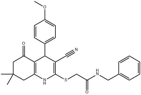 N-benzyl-2-{[3-cyano-4-(4-methoxyphenyl)-7,7-dimethyl-5-oxo-1,4,5,6,7,8-hexahydroquinolin-2-yl]sulfanyl}acetamide Struktur