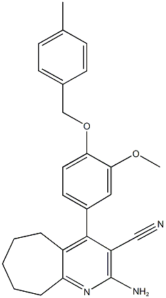 2-amino-4-{3-methoxy-4-[(4-methylbenzyl)oxy]phenyl}-6,7,8,9-tetrahydro-5H-cyclohepta[b]pyridine-3-carbonitrile Struktur