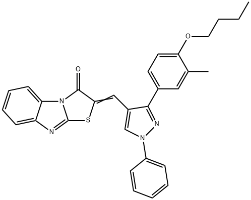 2-{[3-(4-butoxy-3-methylphenyl)-1-phenyl-1H-pyrazol-4-yl]methylene}[1,3]thiazolo[3,2-a]benzimidazol-3(2H)-one Struktur