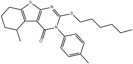 2-(hexylsulfanyl)-5-methyl-3-(4-methylphenyl)-5,6,7,8-tetrahydro[1]benzothieno[2,3-d]pyrimidin-4(3H)-one Struktur