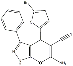 6-amino-4-(5-bromothien-2-yl)-3-phenyl-1,4-dihydropyrano[2,3-c]pyrazole-5-carbonitrile Struktur