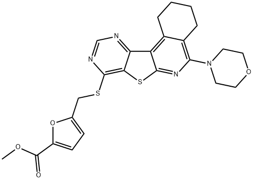 methyl 5-{[(5-morpholin-4-yl-1,2,3,4-tetrahydropyrimido[4',5':4,5]thieno[2,3-c]isoquinolin-8-yl)sulfanyl]methyl}-2-furoate Struktur