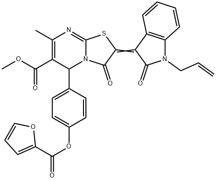 methyl 2-(1-allyl-2-oxo-1,2-dihydro-3H-indol-3-ylidene)-5-[4-(2-furoyloxy)phenyl]-7-methyl-3-oxo-2,3-dihydro-5H-[1,3]thiazolo[3,2-a]pyrimidine-6-carboxylate Struktur