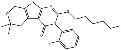 2-(hexylsulfanyl)-6,6-dimethyl-3-(2-methylphenyl)-3,5,6,8-tetrahydro-4H-pyrano[4',3':4,5]thieno[2,3-d]pyrimidin-4-one Struktur