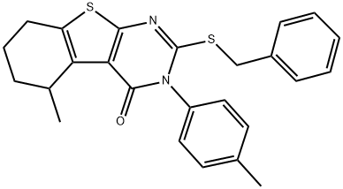 2-(benzylsulfanyl)-5-methyl-3-(4-methylphenyl)-5,6,7,8-tetrahydro[1]benzothieno[2,3-d]pyrimidin-4(3H)-one Struktur