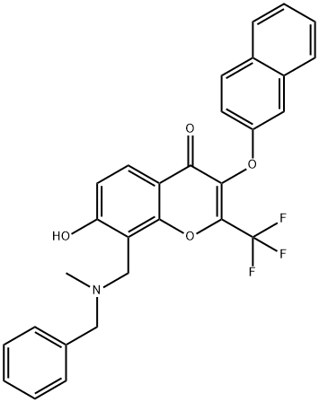 8-{[benzyl(methyl)amino]methyl}-7-hydroxy-3-(2-naphthyloxy)-2-(trifluoromethyl)-4H-chromen-4-one Struktur